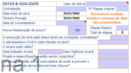 Detalhe da área Datas e Qualidade da PLS Caixa com campos em azul para preenchimento obrigatório